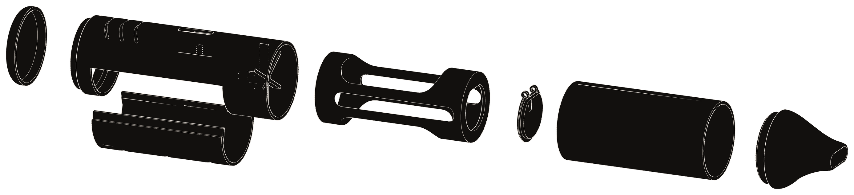 Exploded line drawing of the seven BugSuck parts, from left to right: endcap, housing with its lid below, chamber, trap, shaft and nozzle