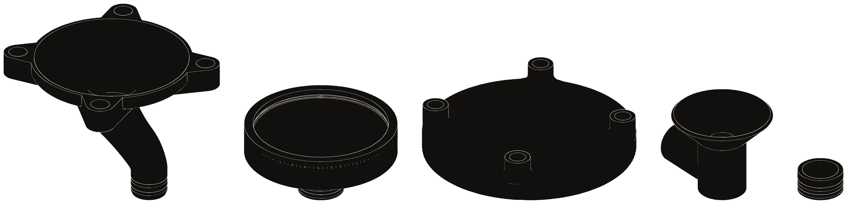 Line drawings of five Lubeline parts: funnel frame, sheet-metal funnel, frame, machine room and an O-ring prototype