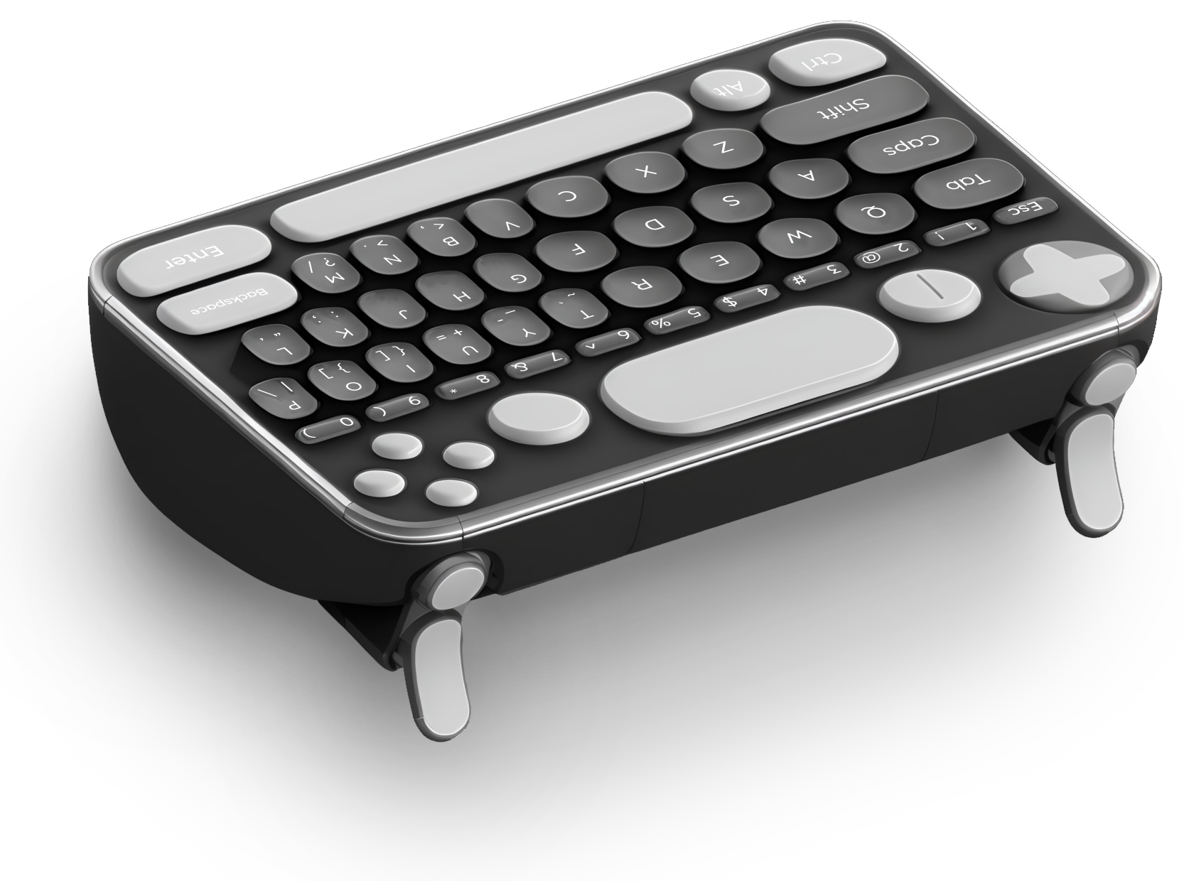 Omni rendered from the same angle: a dark body with light round keys, a trackpad, a D-pad and grips at both ends
